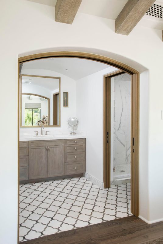 Bathroom, Interior, Marble Walls, Wood Texture Flooring