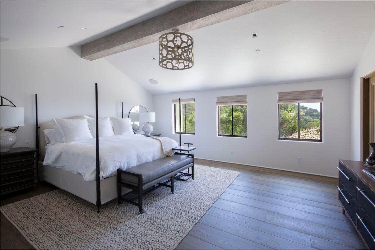 Bedroom, Interior, Pendant Lights, Recessed Lighting, Wooden Beams, Wood Texture Flooring