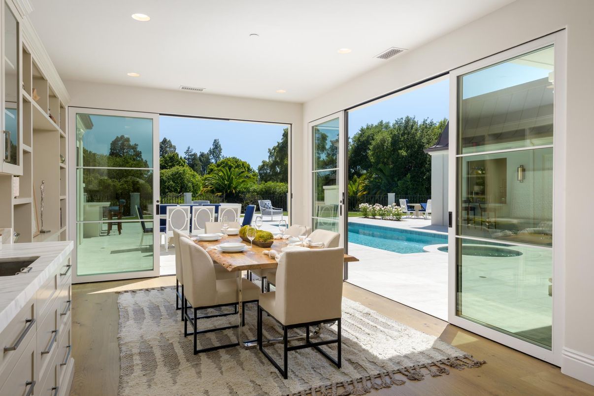 Dining room, Interior, Pool, Recessed Lighting, Wood Texture Flooring