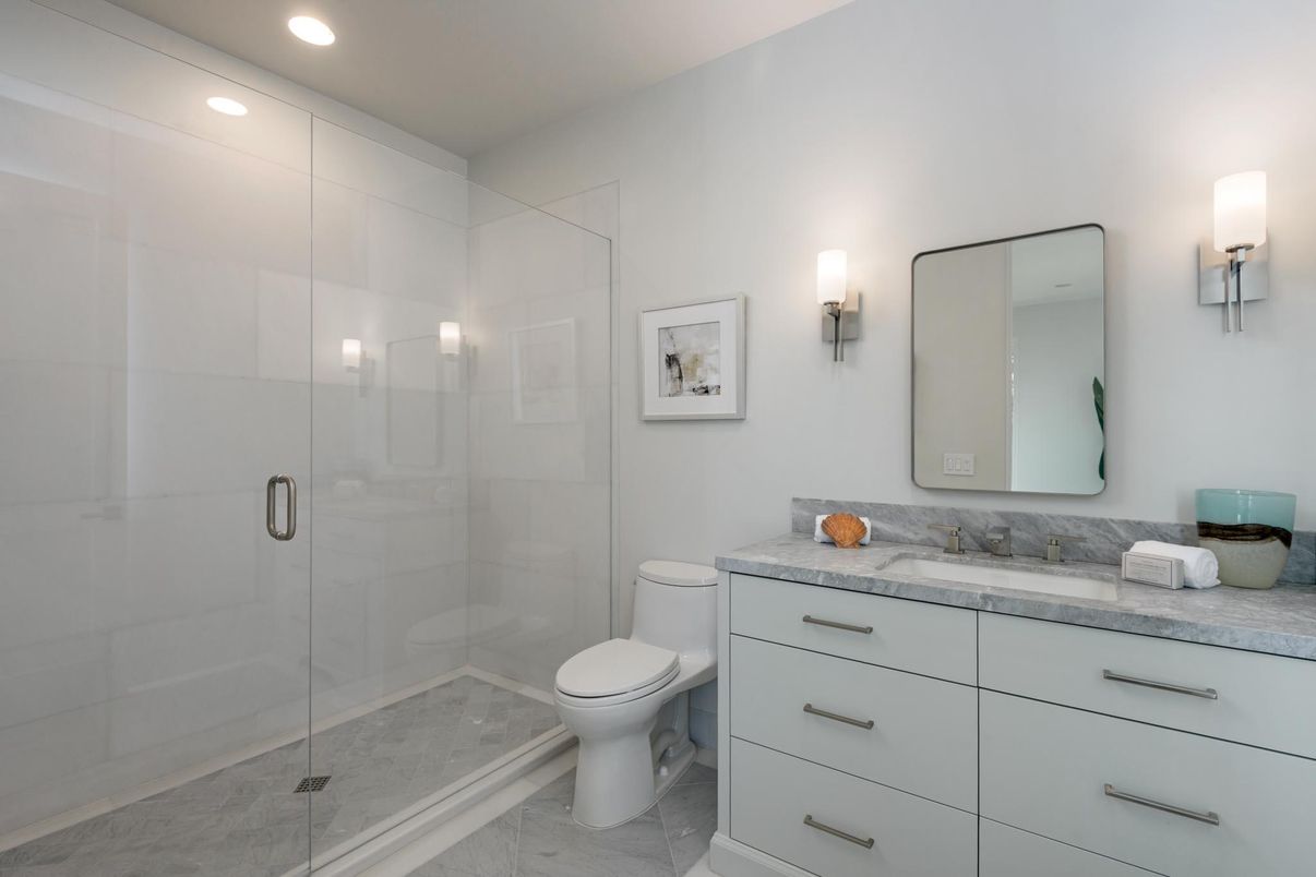 Bathroom, Glass Shower, Interior, Marble, Recessed Lighting