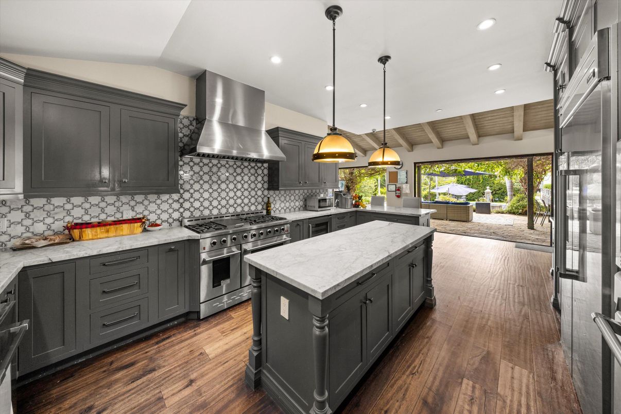 Interior, Kitchen, Pendant Lights, Recessed Lighting, Stainless Steel Appliances, Wooden Ceilings, Wood Texture Flooring