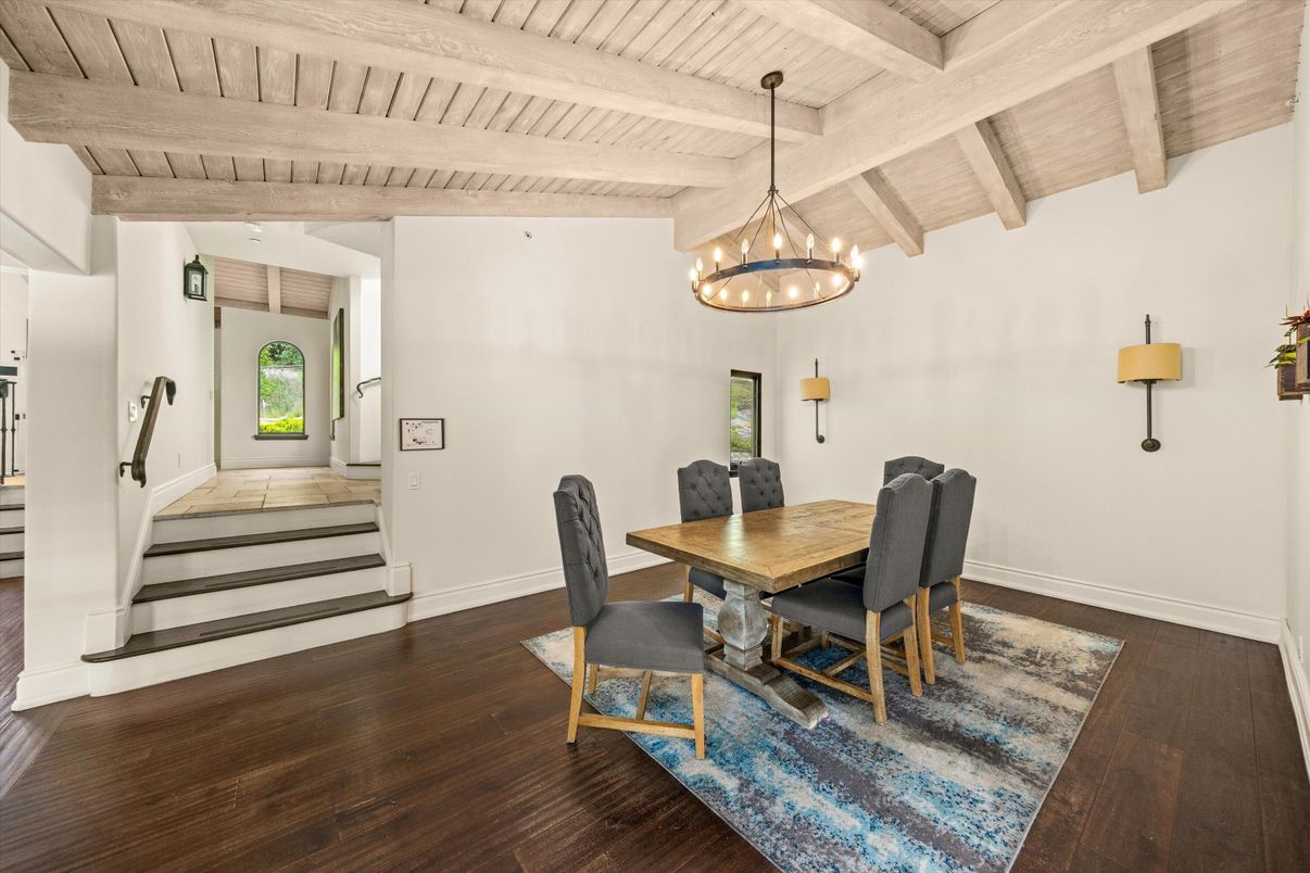 Dining room, Interior, Pendant Lights, Wooden Beams, Wooden Ceilings, Wood Texture Flooring
