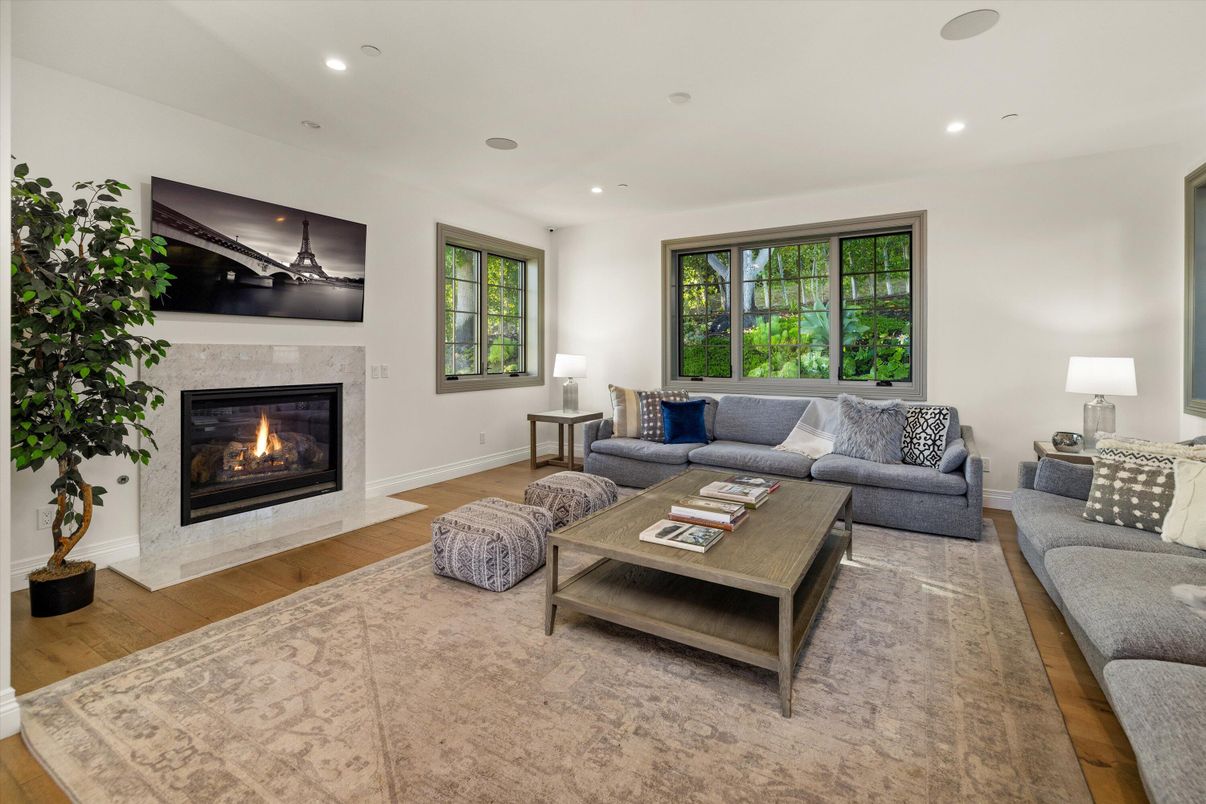 Fireplace, Interior, Living room, Recessed Lighting, Wood Texture Flooring