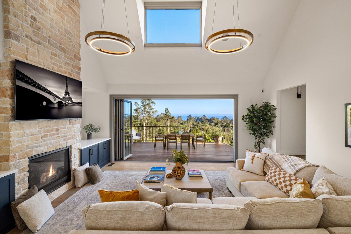 Fireplace, Interior, Living room, Pendant Lights, Stone Walls, Wood Texture Flooring