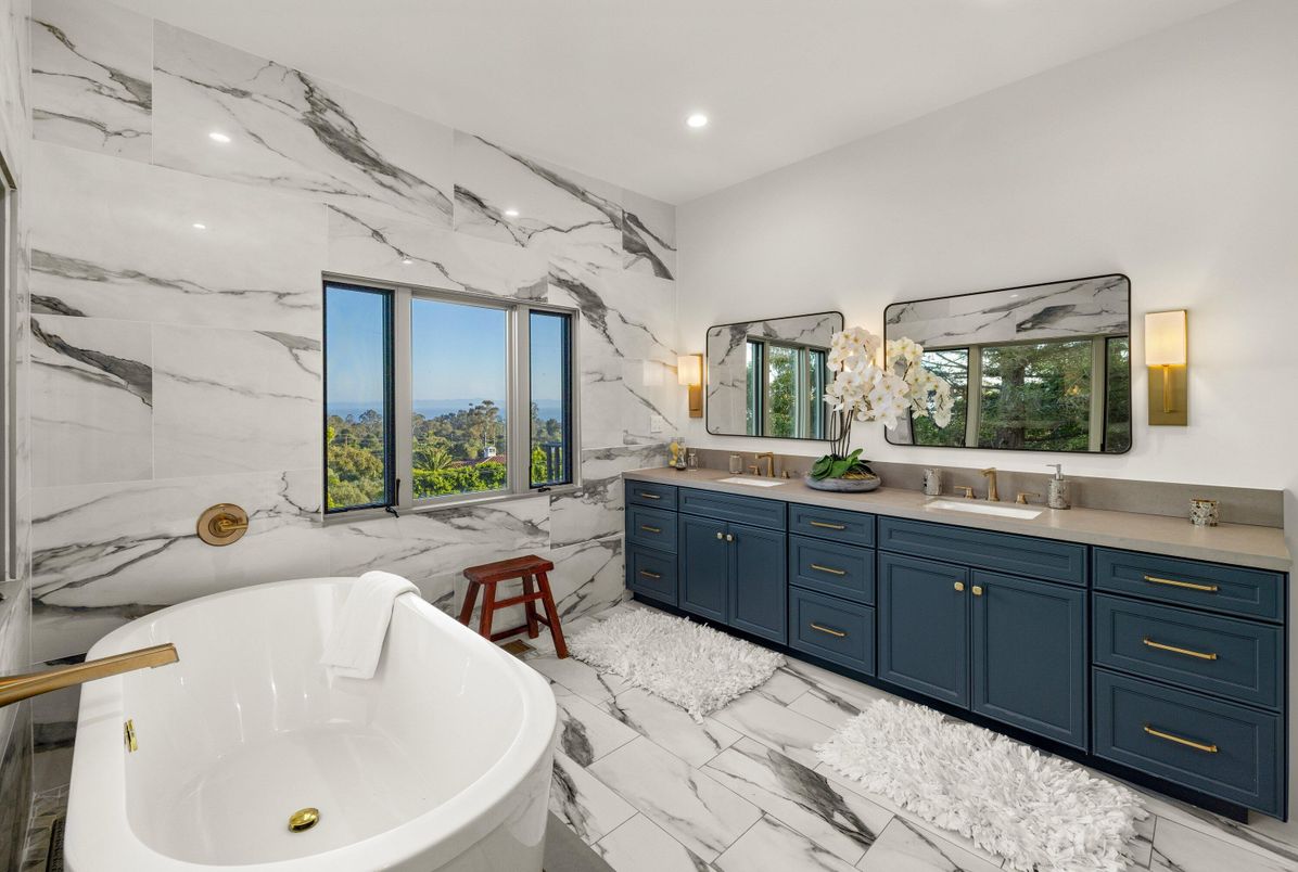 Bathroom, Dual Sink Vanities, Free Standing Baths, Interior, Marble, Marble Walls, Recessed Lighting