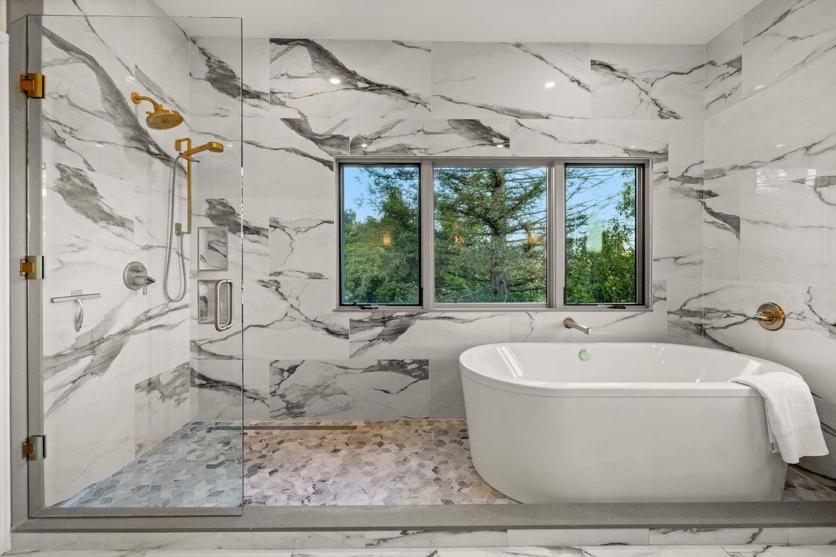 Bathroom, Free Standing Baths, Glass Shower, Interior, Marble Walls