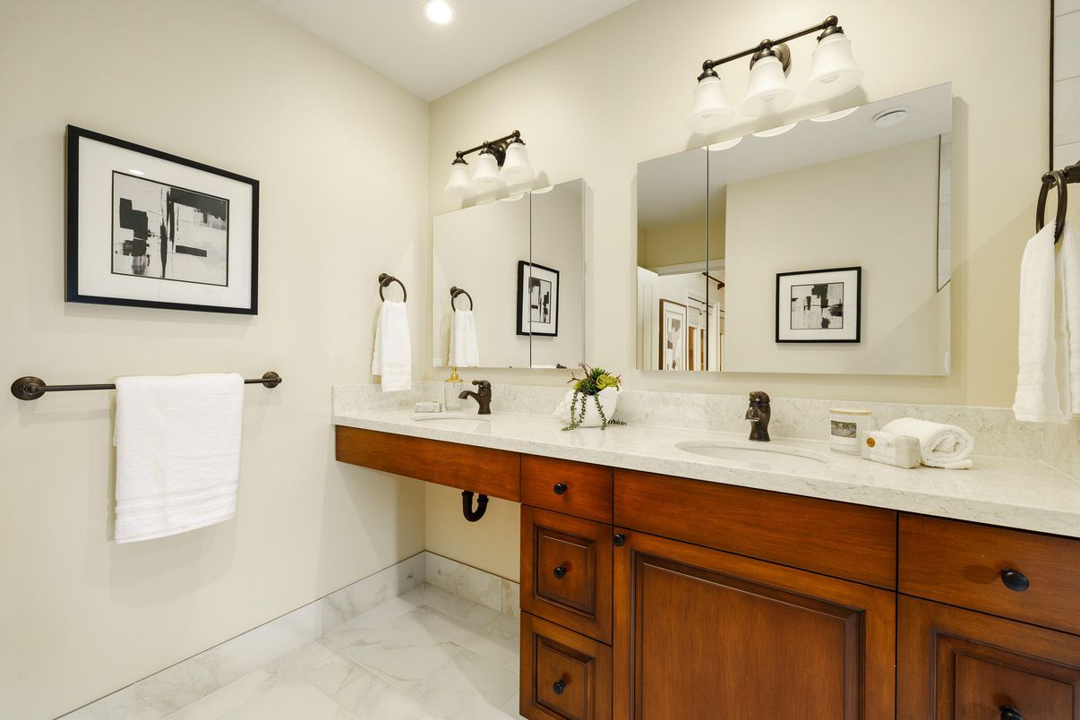 Bathroom, Dual Sink Vanities, Interior, Marble, Recessed Lighting