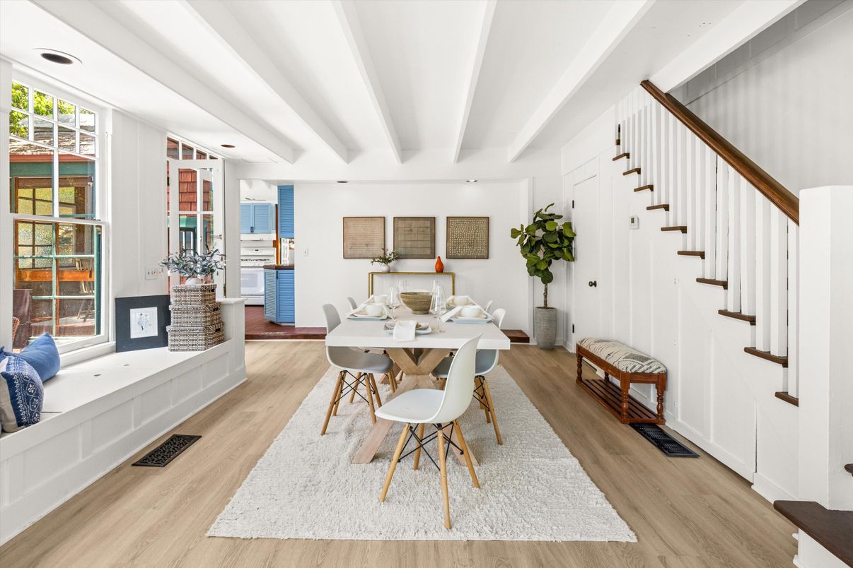 Dining room, Interior, Recessed Lighting, Wood Texture Flooring