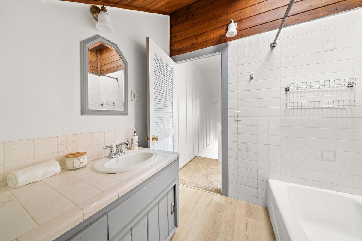 Bathroom, Interior, Tile Countertops, Wooden Ceilings, Wood Texture Flooring