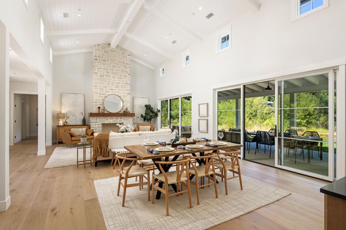 Dining room, Fireplace, Interior, Living room, Recessed Lighting, Wood Texture Flooring
