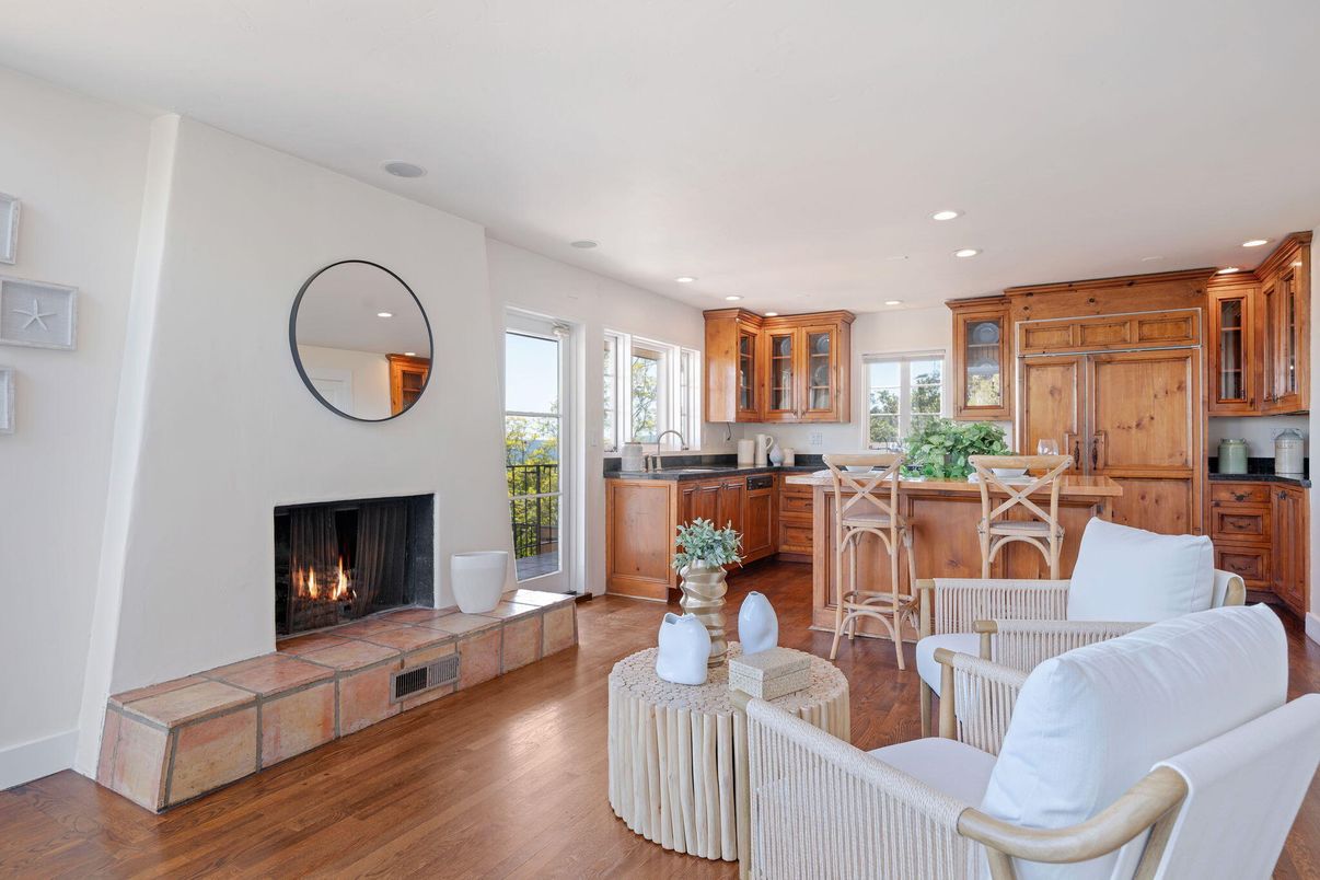 Fireplace, Interior, Kitchen, Living room, Recessed Lighting, Wood Texture Flooring