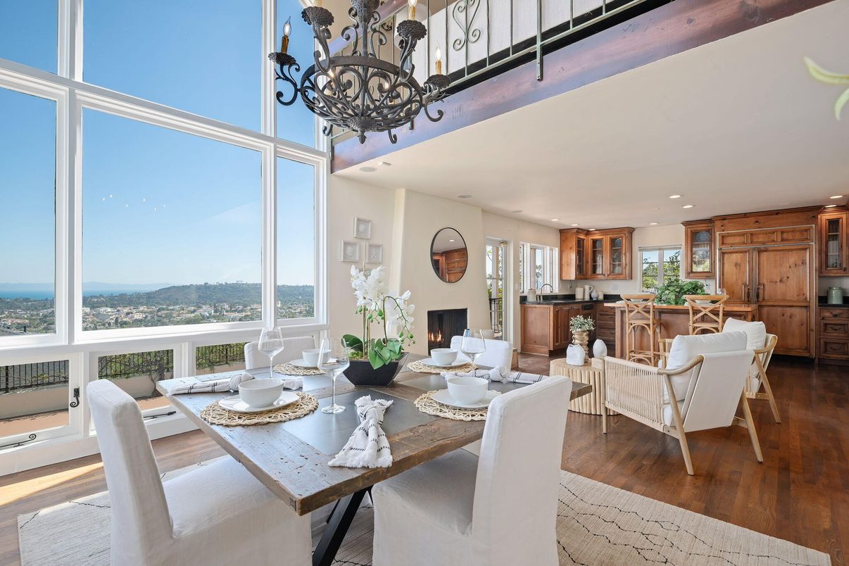Chandelier, Dining room, Fireplace, Interior, Kitchen, Living room, Recessed Lighting, Wood Texture Flooring
