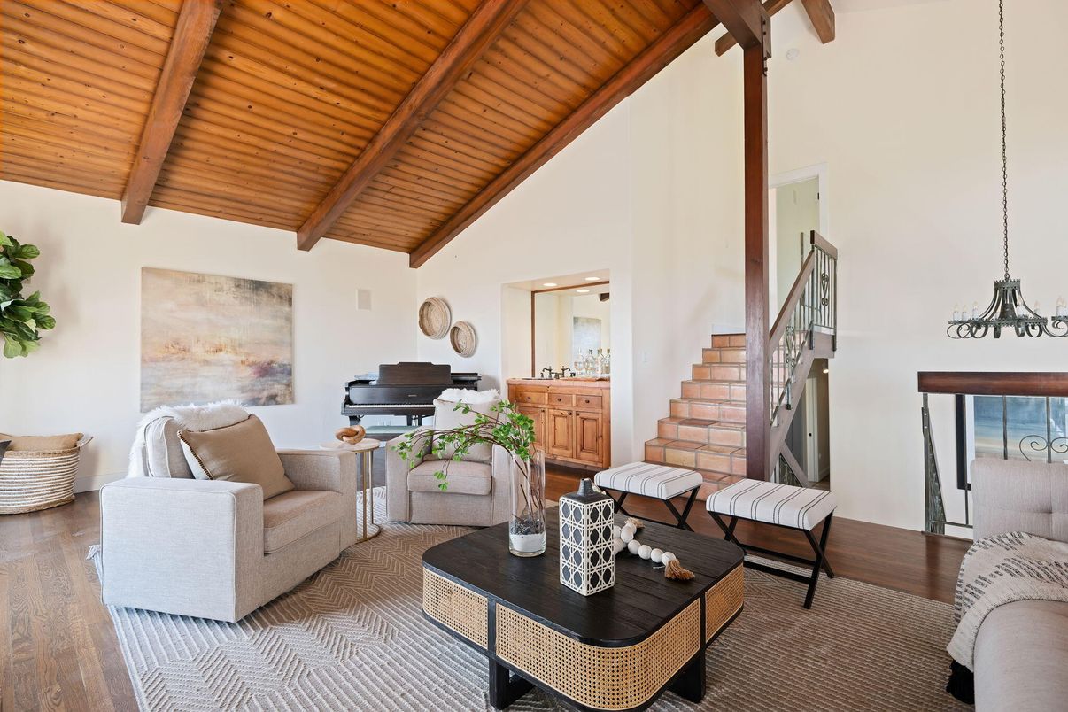 Interior, Living room, Pendant Lights, Piano, Wooden Beams, Wooden Ceilings, Wood Texture Flooring