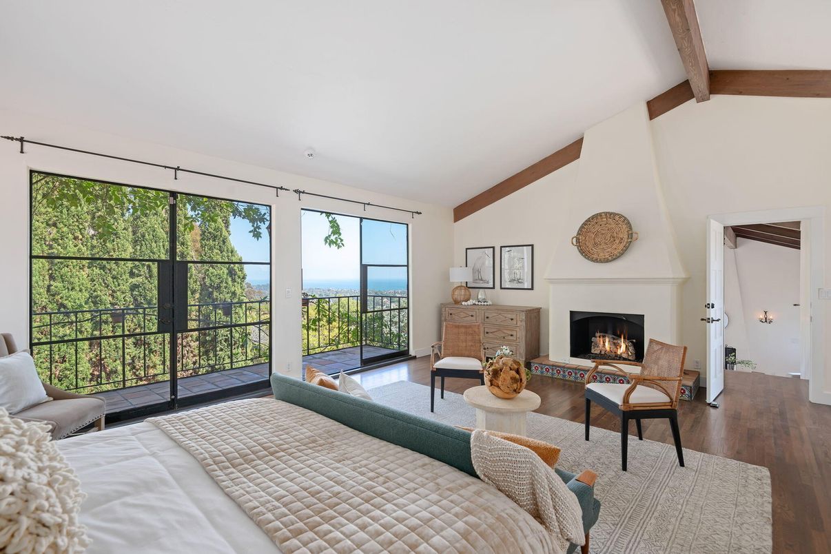 Bedroom, Fireplace, Interior, Living room, Water, Wooden Beams, Wood Texture Flooring