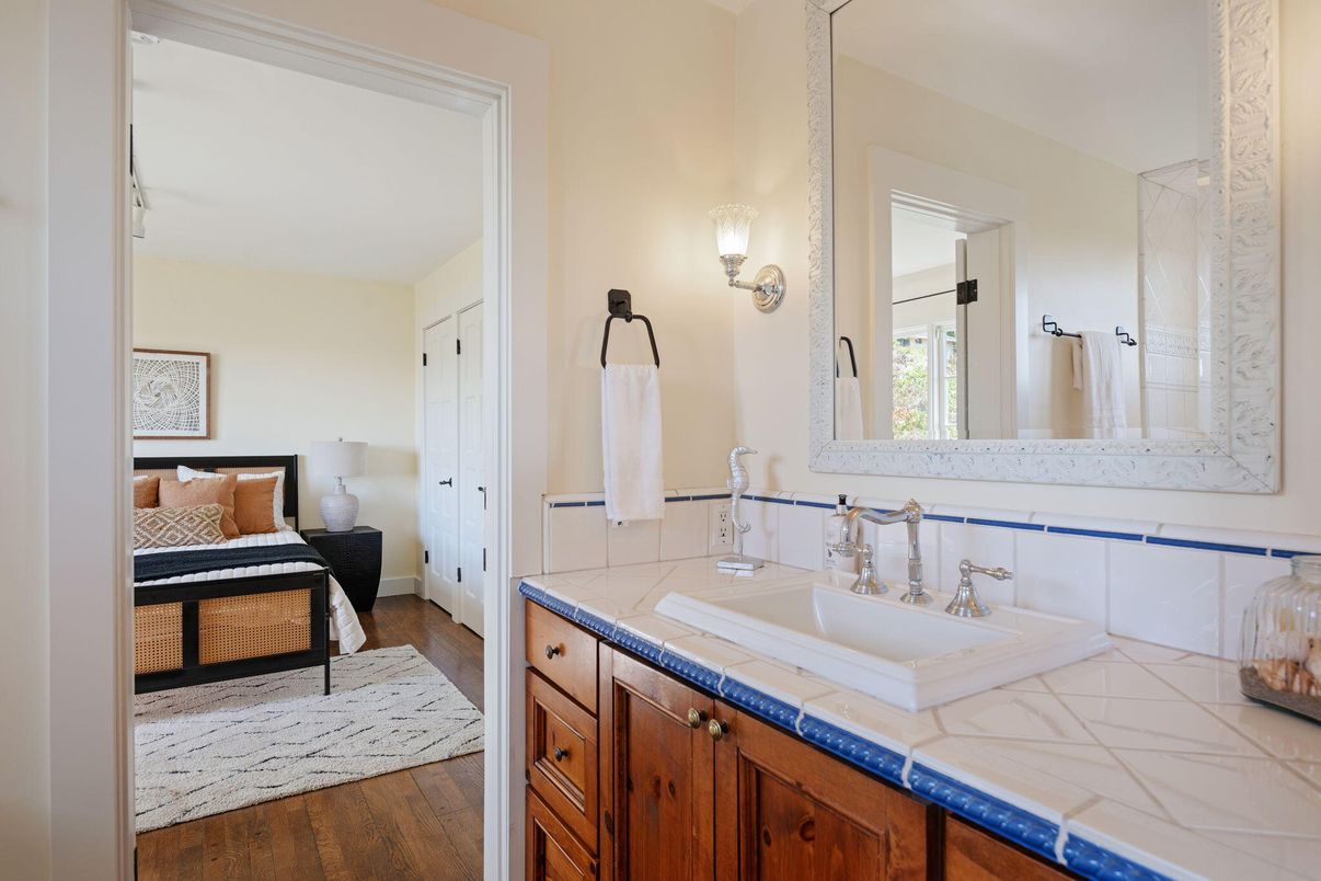 Bathroom, Bedroom, Dual Sink Vanities, Interior, Tile Countertops, Wood Texture Flooring