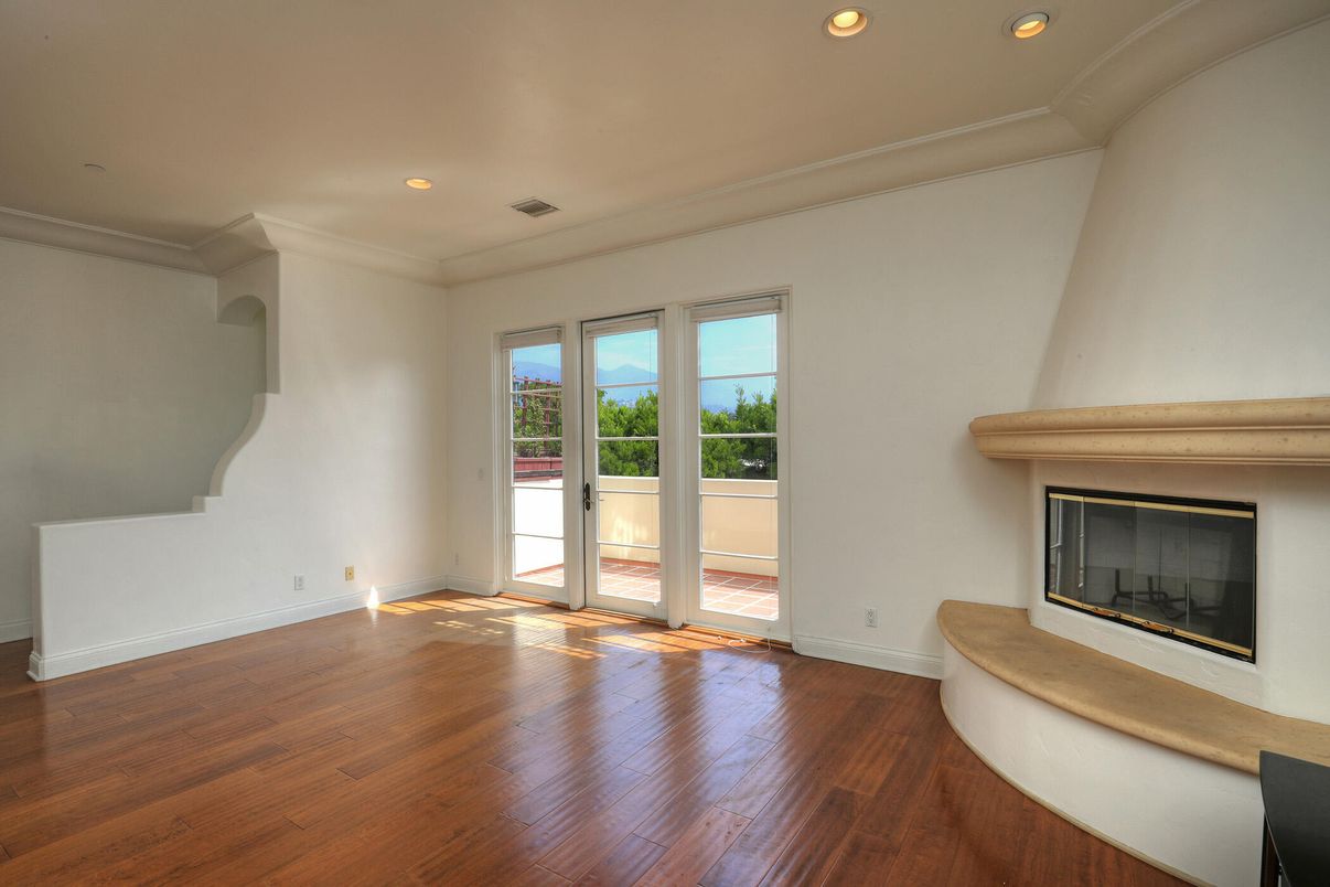 Empty room, Fireplace, Interior, Recessed Lighting, Wood Texture Flooring