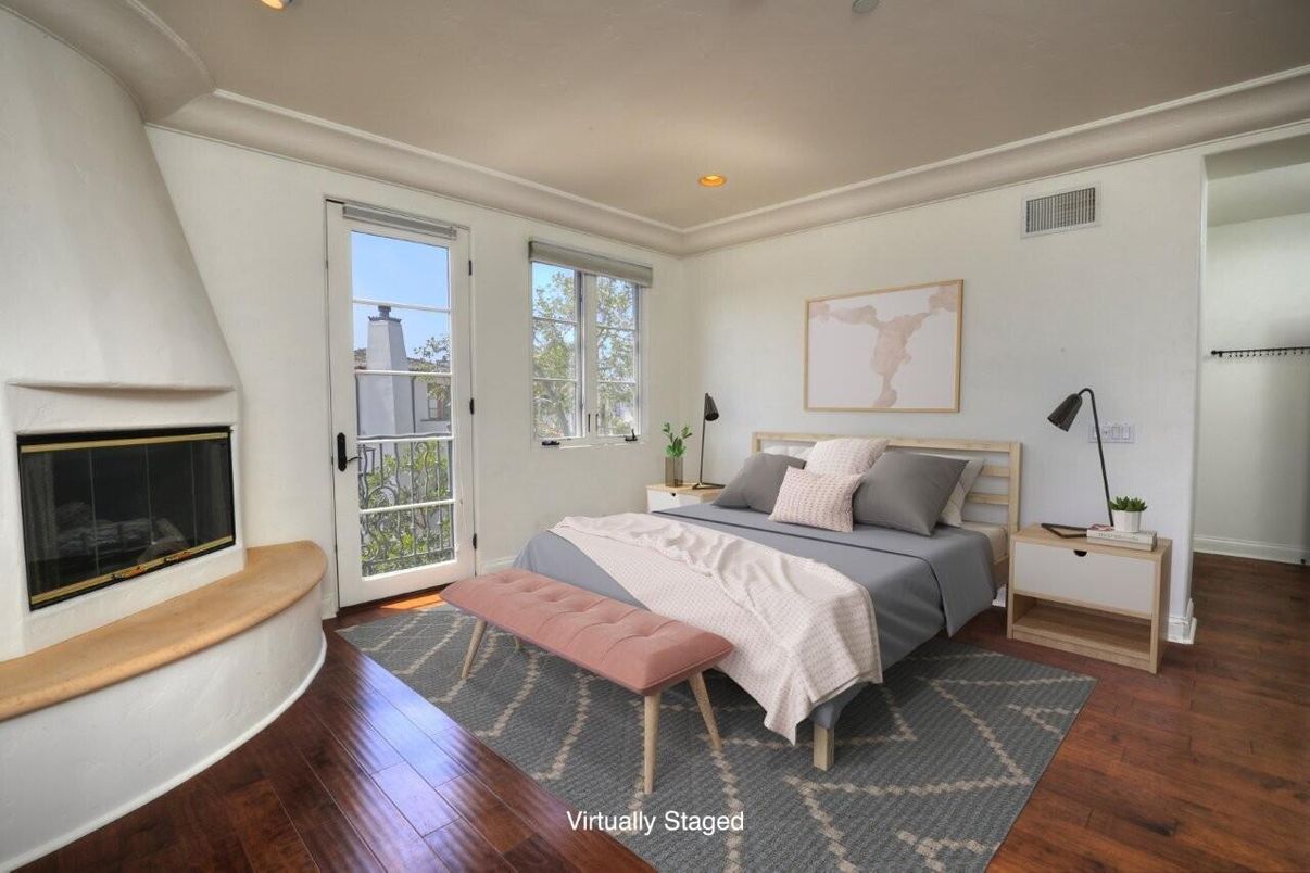 Bedroom, Fireplace, Interior, Recessed Lighting, Wood Texture Flooring