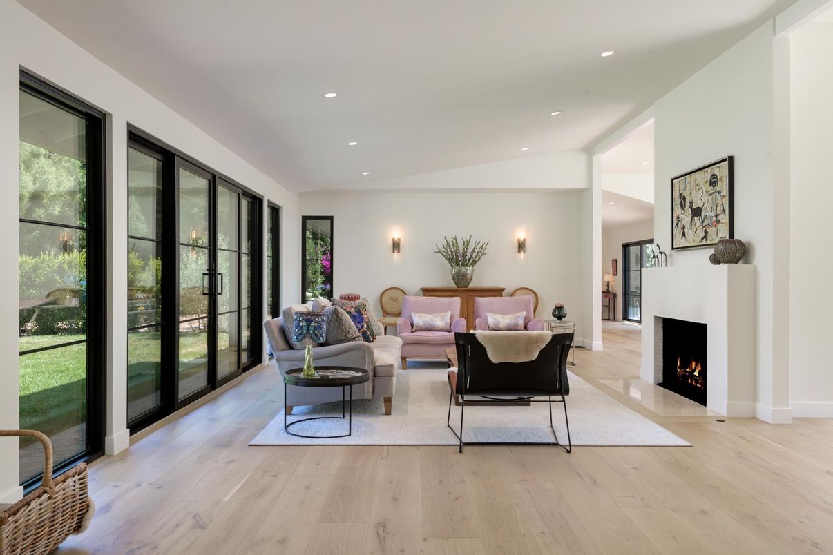 Fireplace, Interior, Living room, Recessed Lighting, Wood Texture Flooring