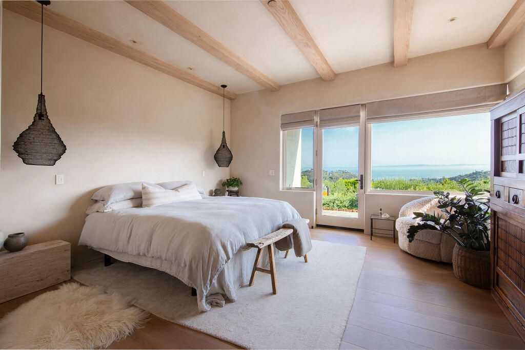 Bedroom, Interior, Pendant Lights, Recessed Lighting, Water, Wooden Beams, Wood Texture Flooring