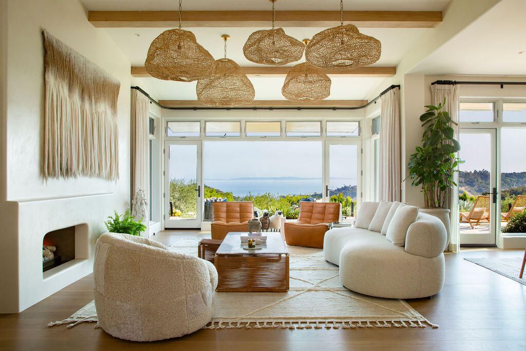 Fireplace, Interior, Living room, Pendant Lights, Water, Wooden Beams, Wood Texture Flooring