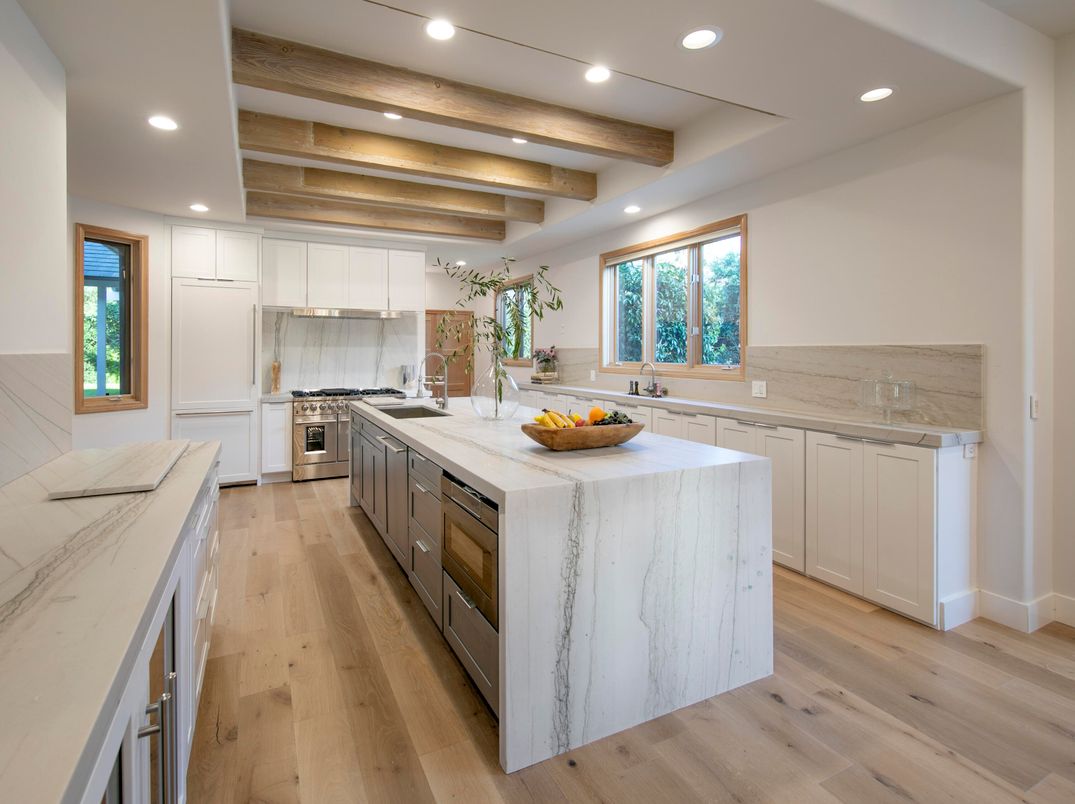 Interior, Kitchen, Recessed Lighting, Stainless Steel Appliances, Wooden Beams, Wood Texture Flooring