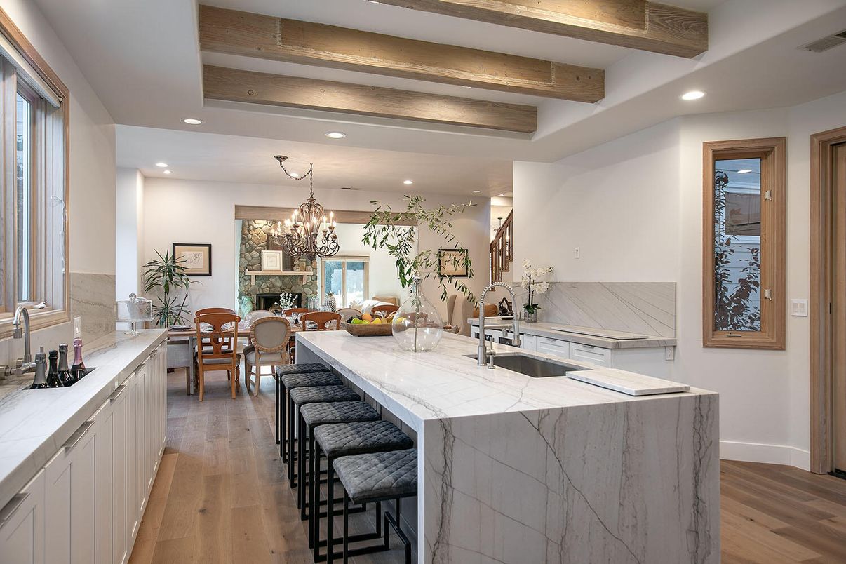 Chandelier, Dining room, Fireplace, Interior, Kitchen, Recessed Lighting, Wooden Beams, Wood Texture Flooring