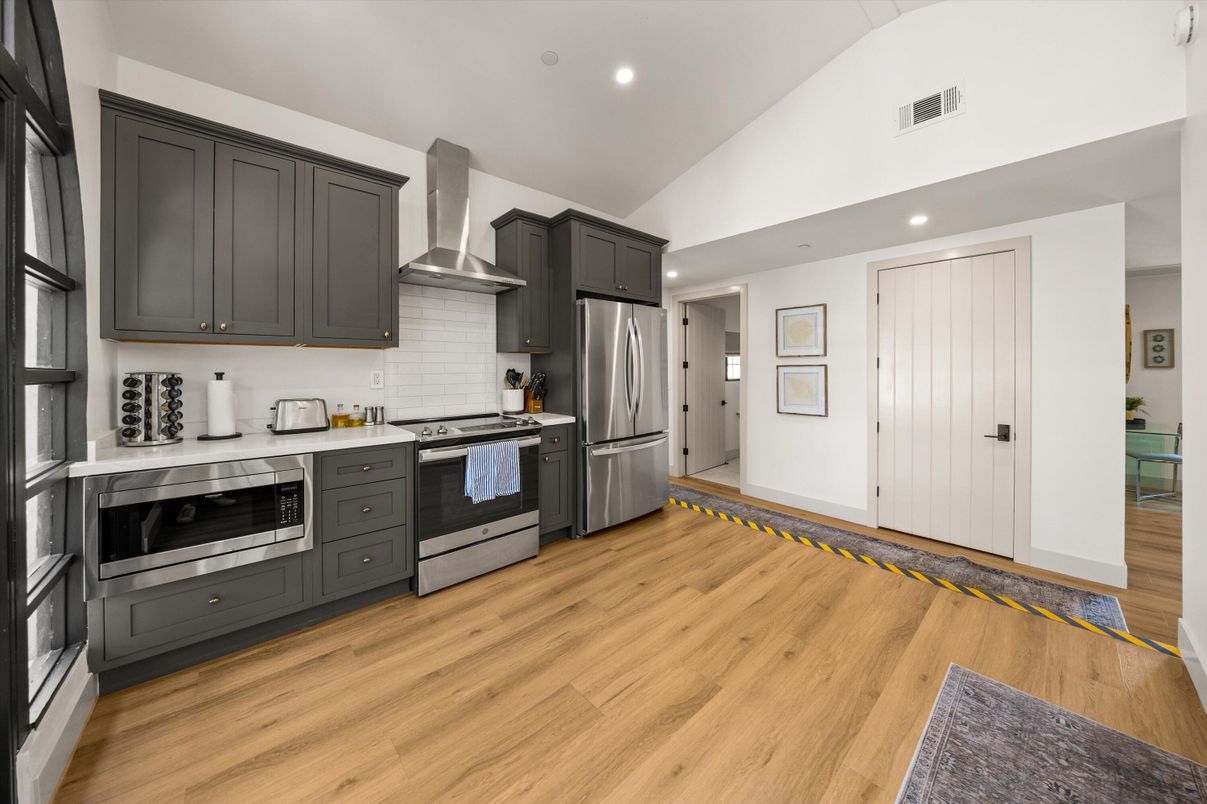 Interior, Kitchen, Recessed Lighting, Stainless Steel Appliances, Wood Texture Flooring