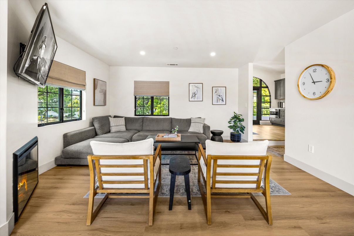 Fireplace, Interior, Living room, Recessed Lighting, Wood Texture Flooring