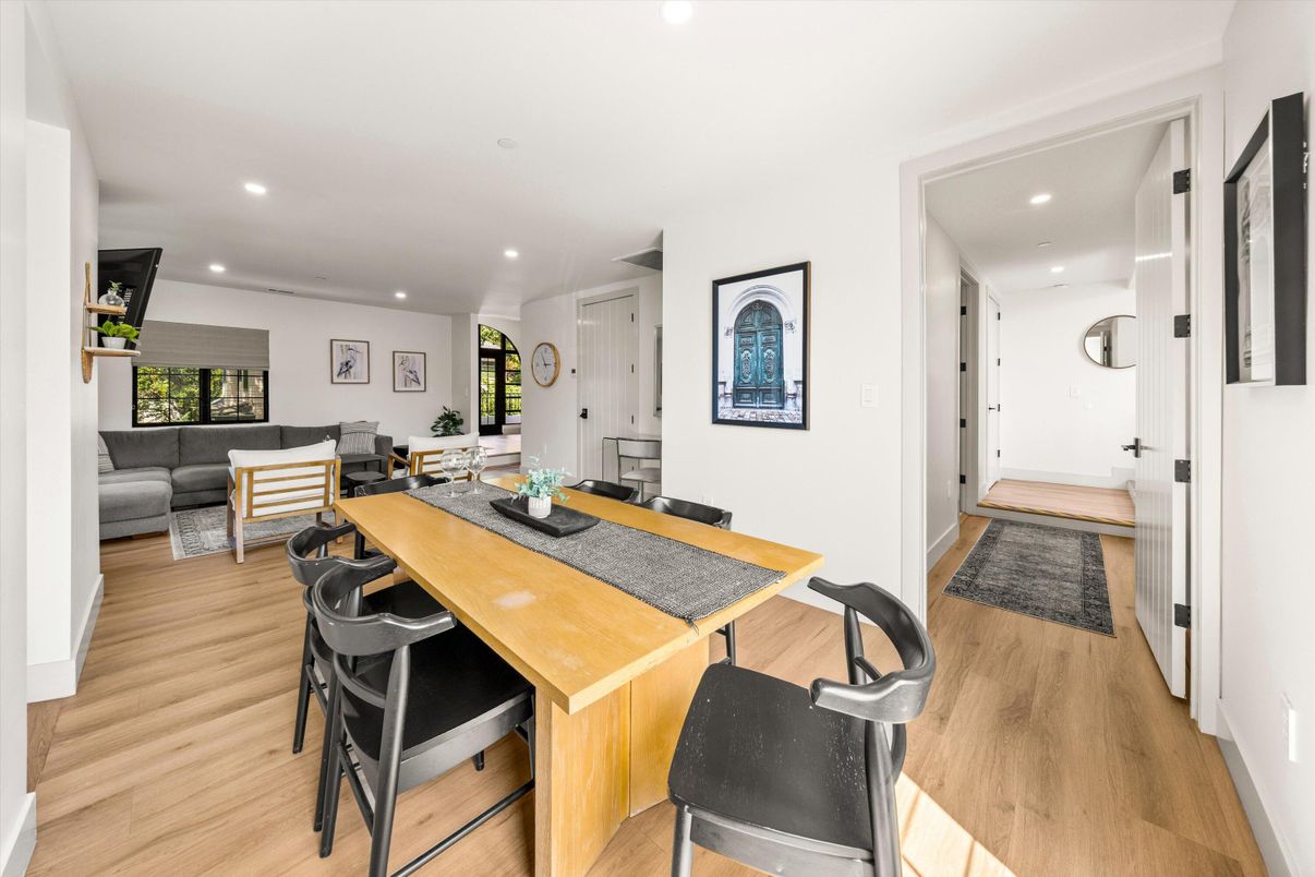 Dining room, Interior, Living room, Recessed Lighting, Wood Texture Flooring