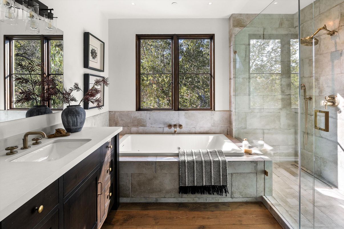 Bathroom, Glass Shower, Interior, Recessed Lighting, Wood Texture Flooring