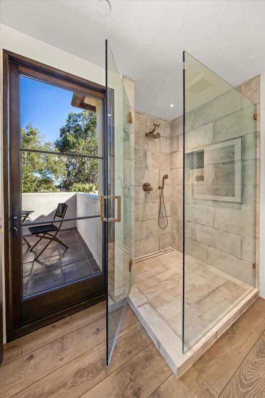 Bathroom, Glass Shower, Interior, Recessed Lighting, Wood Texture Flooring