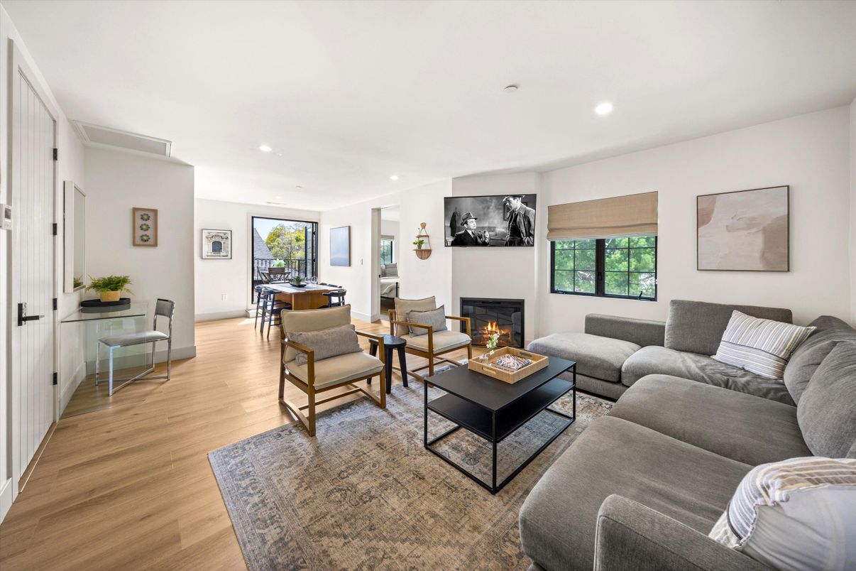 Fireplace, Interior, Living room, Recessed Lighting, Wood Texture Flooring