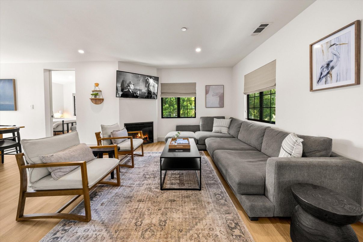 Fireplace, Interior, Living room, Recessed Lighting, Wood Texture Flooring