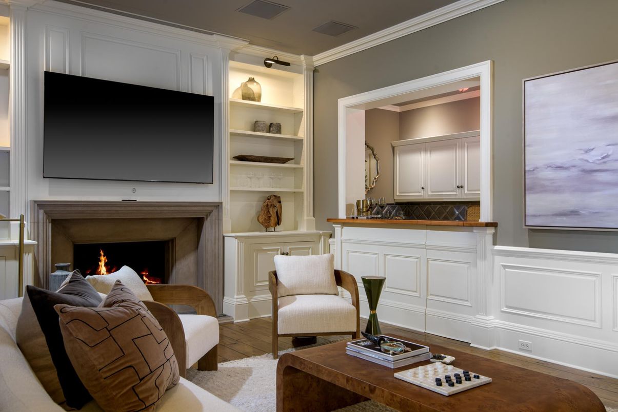 Fireplace, Interior, Living room, Recessed Lighting, Wood Texture Flooring