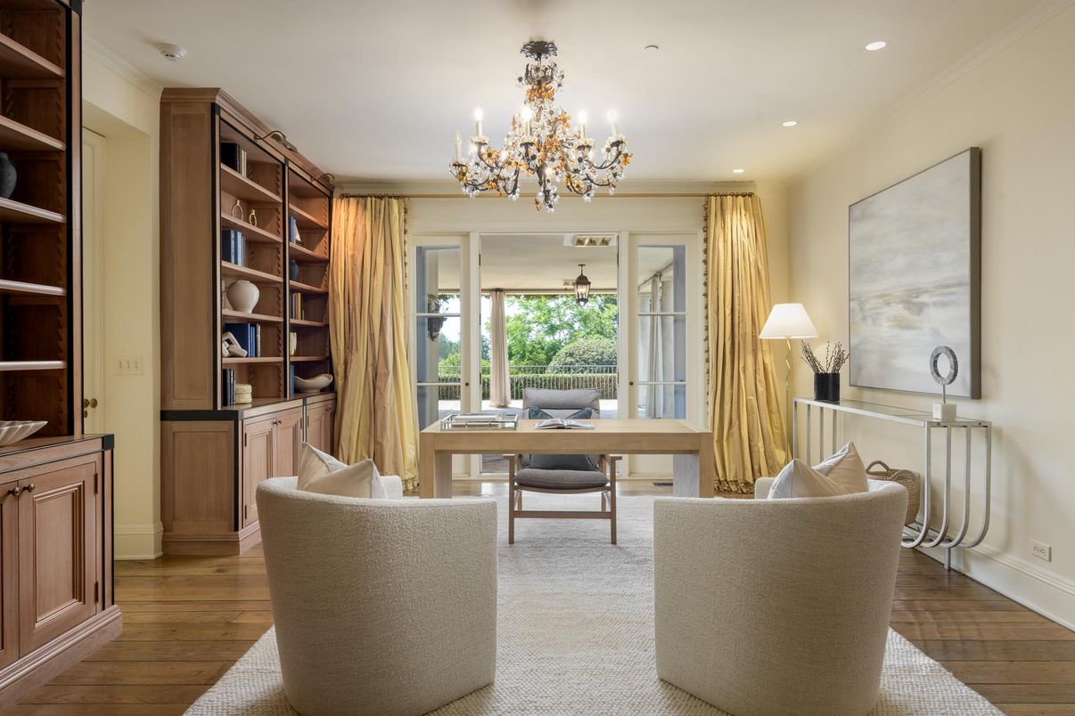 Chandelier, Home Office, Interior, Recessed Lighting, Wood Texture Flooring