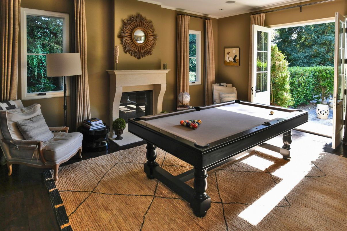 Billiard Table, Fireplace, Game Room, Interior, Recessed Lighting, Wood Texture Flooring