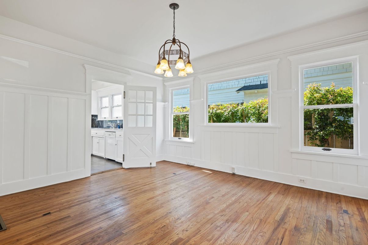 Chandelier, Empty room, Interior, Kitchen, Pendant Lights, Wood Texture Flooring