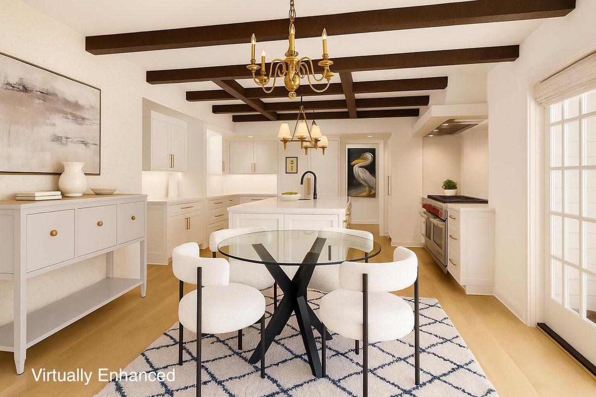 Chandelier, Dining room, Interior, Kitchen, Recessed Lighting, Wooden Beams, Wood Texture Flooring