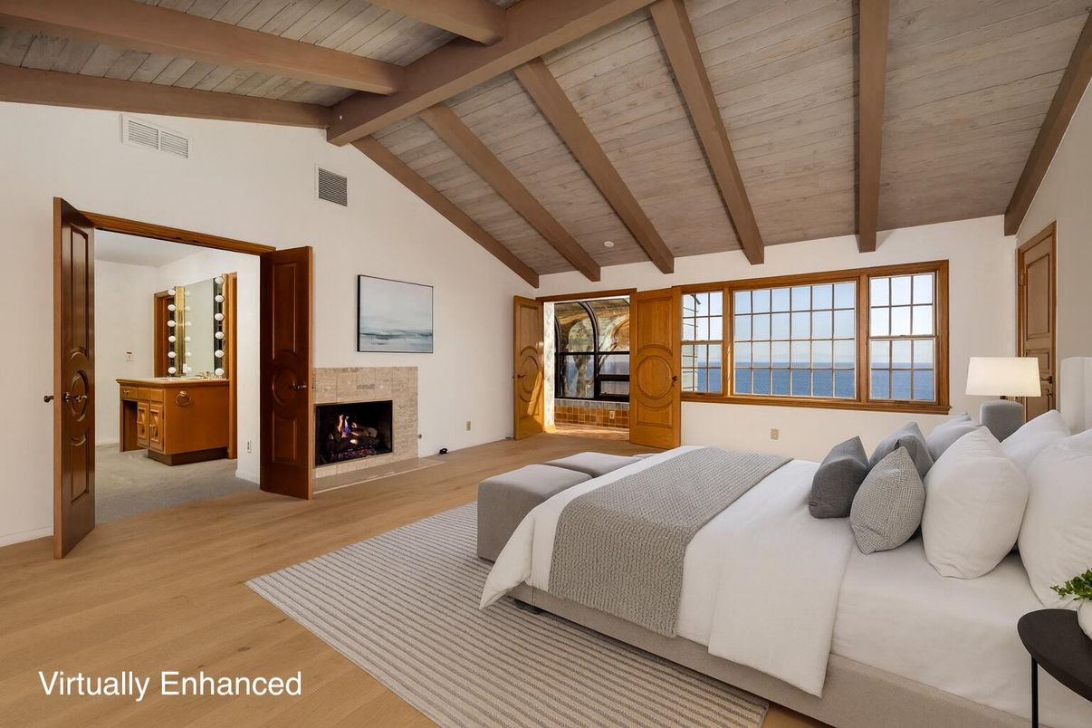 Bedroom, Fireplace, Interior, Water, Wooden Beams, Wooden Ceilings, Wood Texture Flooring