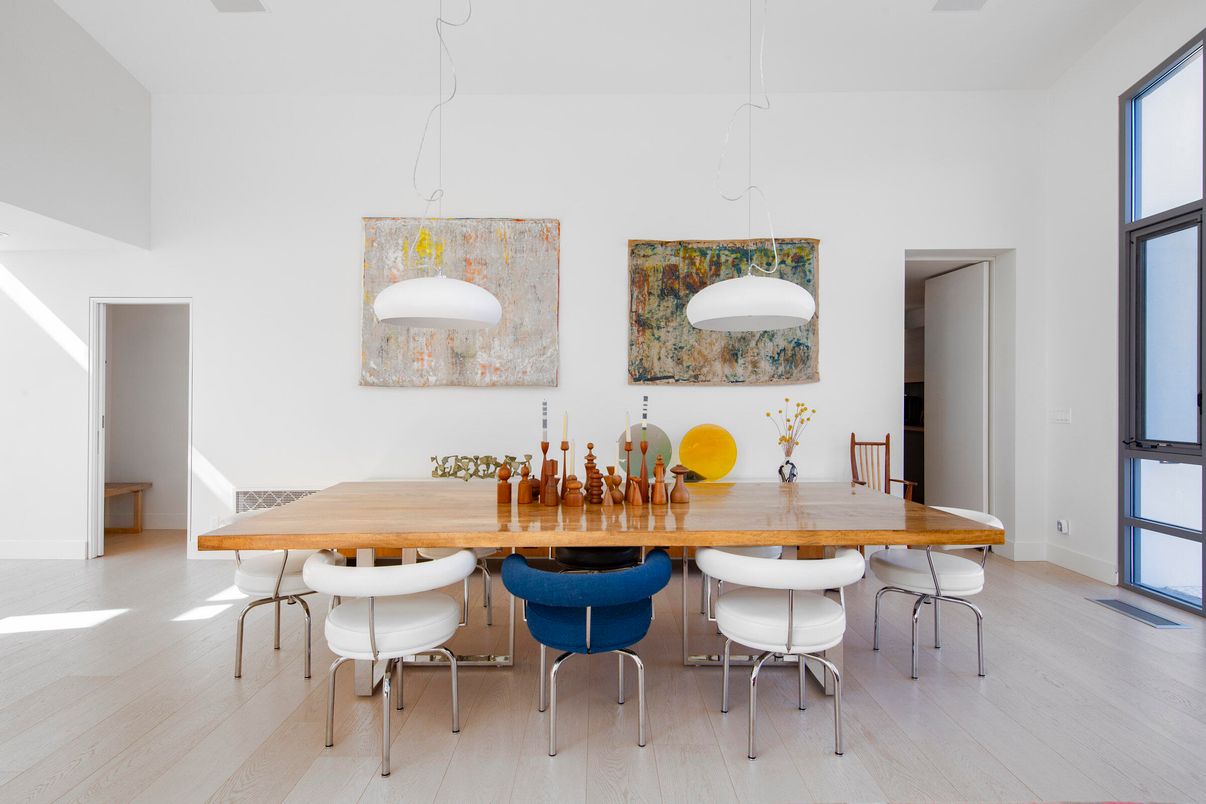 Dining room, Interior, Pendant Lights, Wood Texture Flooring