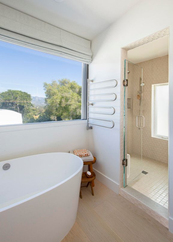 Bathroom, Free Standing Baths, Glass Shower, Interior, Wood Texture Flooring