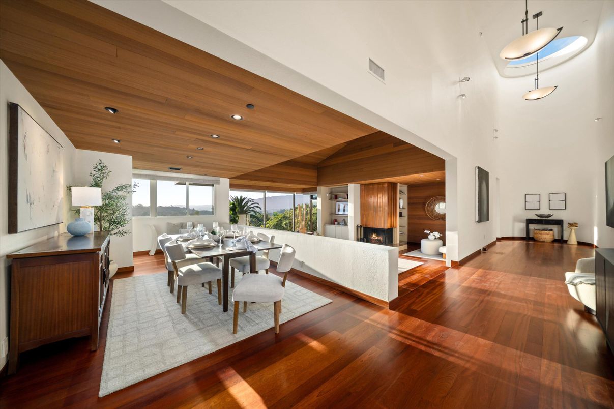 Dining room, Fireplace, Interior, Living room, Pendant Lights, Recessed Lighting, Wooden Ceilings, Wood Texture Flooring, Wooden Walls