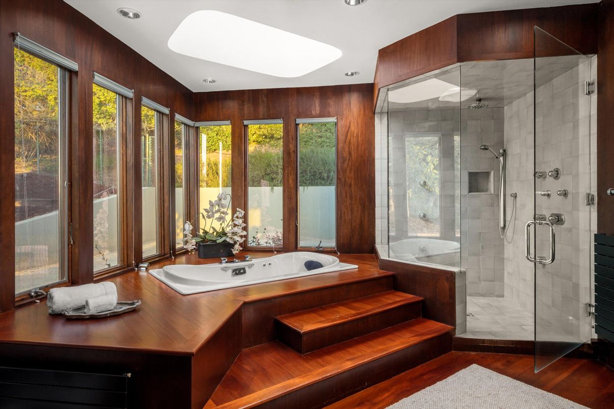 Bathroom, Glass Shower, Interior, Recessed Lighting, Wood Texture Flooring