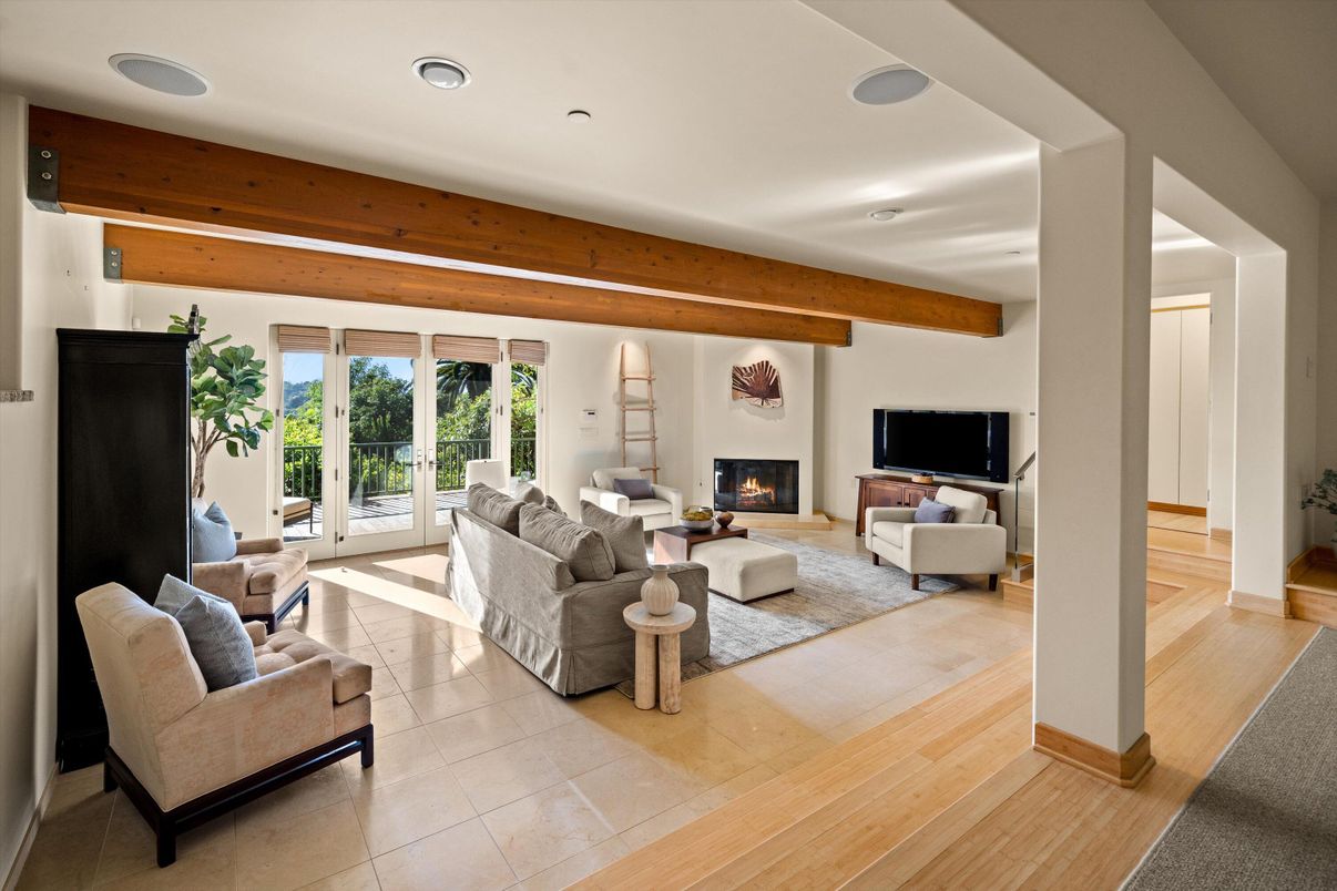 Fireplace, Interior, Living room, Recessed Lighting, Wooden Beams