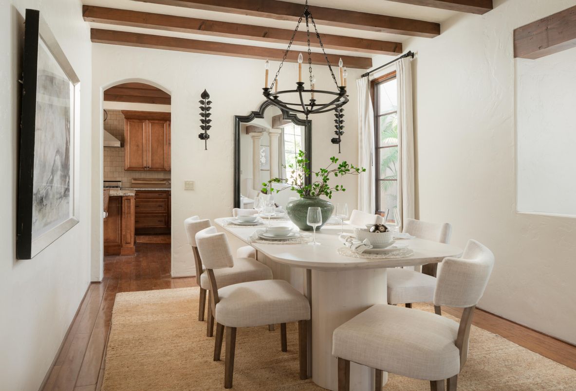 Chandelier, Dining room, Interior, Pendant Lights, Wooden Beams, Wood Texture Flooring