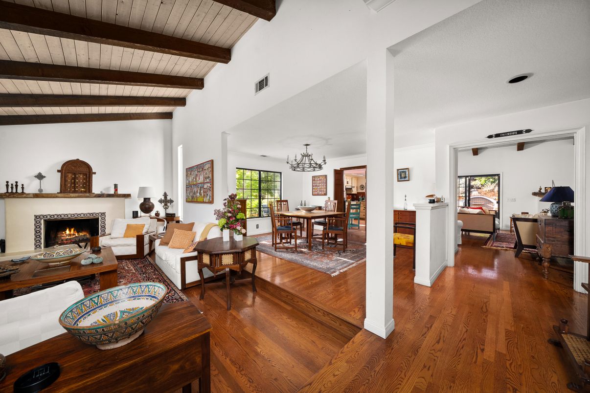 Chandelier, Dining room, Fireplace, Interior, Living room, Wooden Beams, Wood Texture Flooring