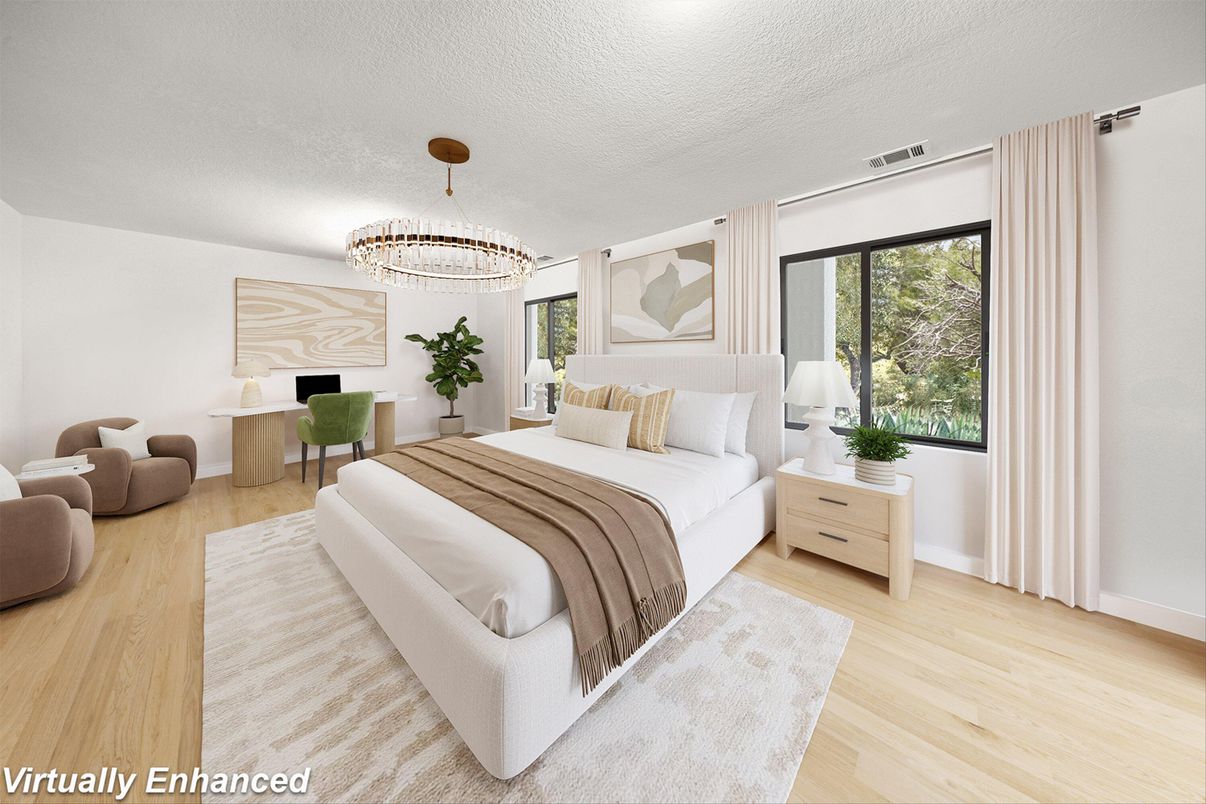 Bedroom, Chandelier, Interior, Wood Texture Flooring