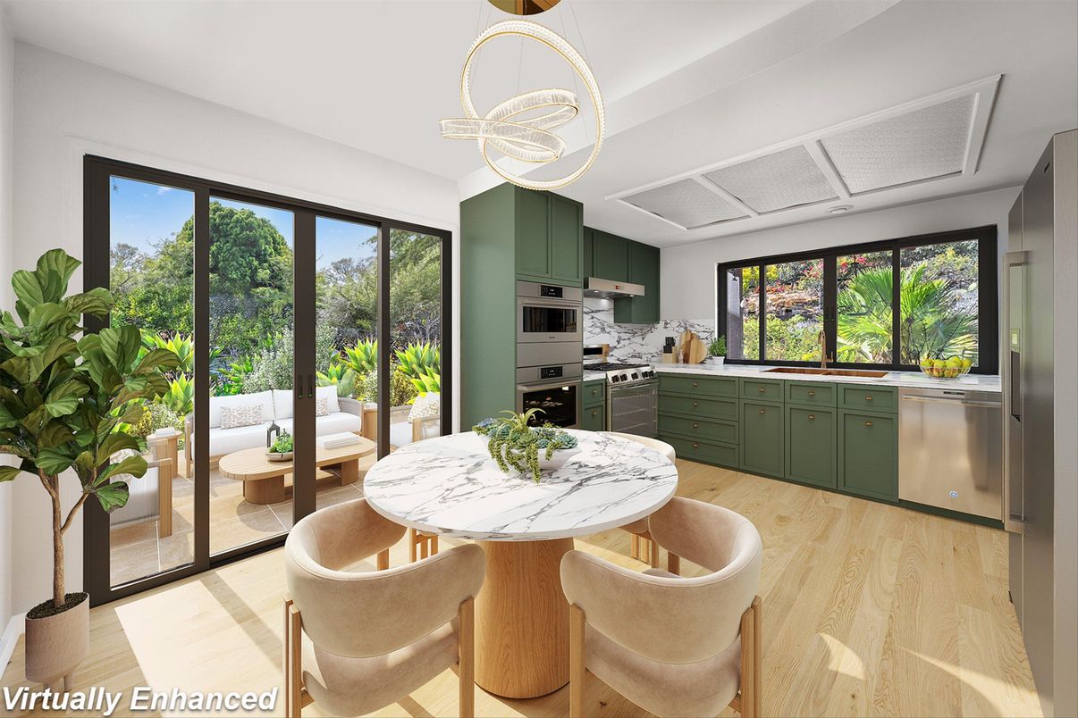 Dining room, Interior, Kitchen, Pendant Lights, Stainless Steel Appliances, Wood Texture Flooring