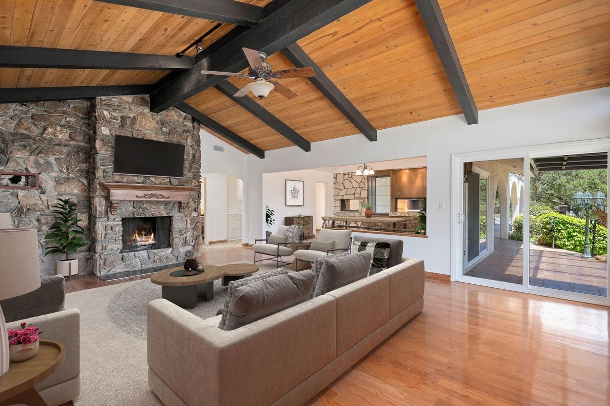 Dining room, Fireplace, Interior, Kitchen, Living room, Pendant Lights, Stone Walls, Wooden Beams, Wooden Ceilings, Wood Texture Flooring