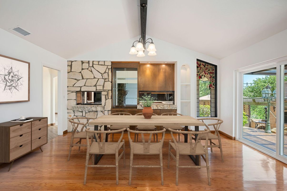 Chandelier, Dining room, Fireplace, Interior, Stone Walls, Wood Texture Flooring